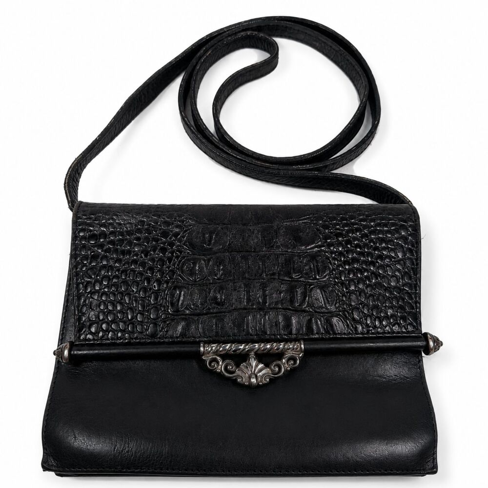 Vintage Brighton Black Leather Croc Embossed Crossbody Wallet Purse